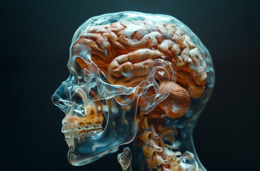 Wall Mural - Human head on a computed tomography scan against the background of the brain. Medical, scientific and educational background MRI brain. Magnetic resonance imaging. patient at the reception.