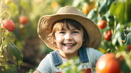 Sticker - Cheerful young child smiling in a tomato garden wearing a straw hat