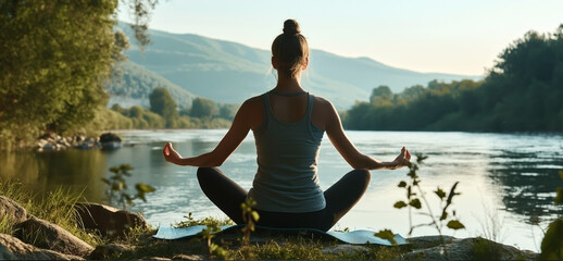 Wall Mural - Woman practicing yoga in a seated pose by a serene river, surrounded by lush greenery and mountains in the background.