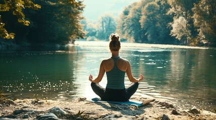 Wall Mural - A woman in athletic wear is meditating by a serene lake surrounded by lush trees, reflecting a tranquil and peaceful environment.