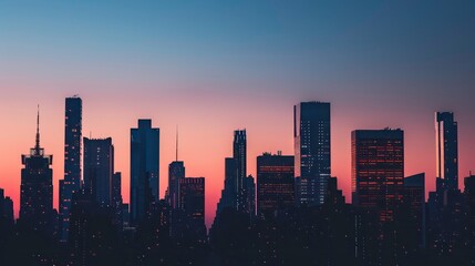 Wall Mural - a city skyline at dusk, with the silhouettes of skyscrapers outlined against a gradient sky transiti