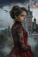 Wall Mural - Victorian style clothes young woman on castle architecture background	