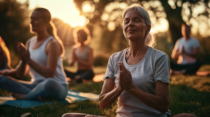 Wall Mural - A group of people practicing yoga outdoors at sunset, with a focus on an elderly woman meditating in a serene pose.