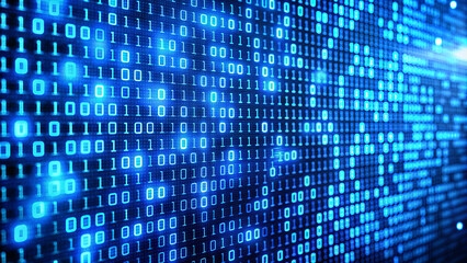 A digital screen displaying a blue binary code pattern