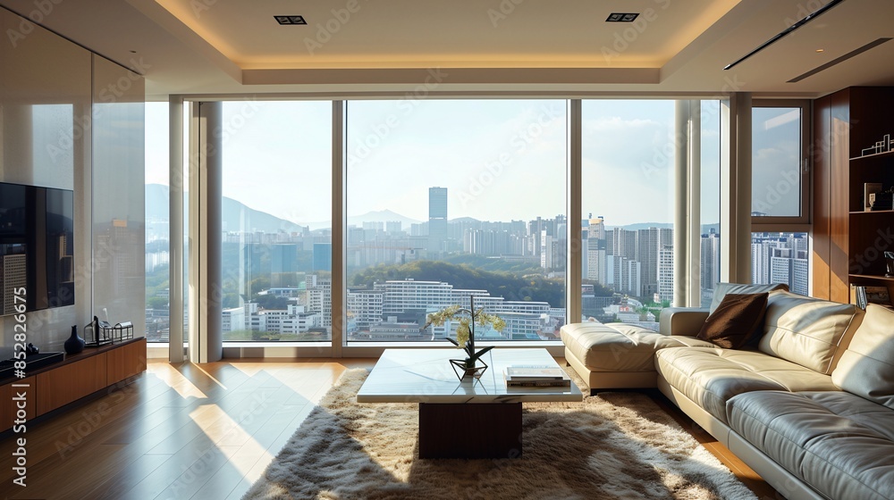 창밖에 대도시의 풍경이 보이는 고층 아파트의 거실-Living room of a high-rise apartment with a view of the city outside the window