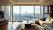 © Beautiful Korea - 창밖에 대도시의 풍경이 보이는 고층 아파트의 거실-Living room of a high-rise apartment with a view of the city outside the window