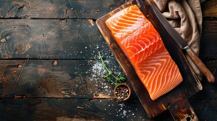 Wall Mural - Large piece of uncooked salmon on wooden board with knife dark wooden backdrop overhead view Plenty of space for text