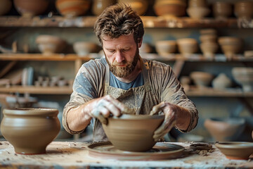 Pottery. A talented potter shapes clay on a potter's wheel, creating a unique vessel. The earthy tones and texture of wet clay highlight the artisanal process.