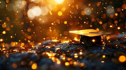 3D rendering of a blurred background with sparkling golden bokeh lights and a closeup of a graduation cap.