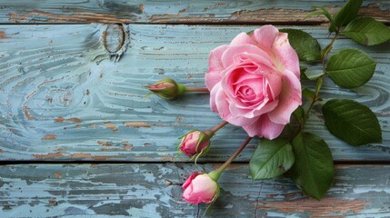 Wall Mural - Pink rose and bud against wooden boards