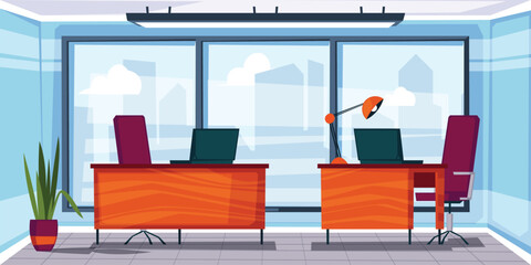 Wall Mural - Office work interior with desks, chairs, plants background. Modern open space with wide floor-to-ceiling window with city view. Cartoon vector illustration