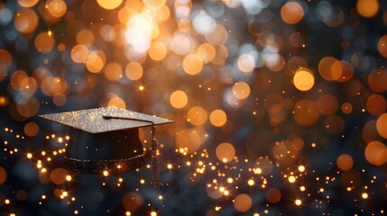 3D rendering of a blurred background with sparkling golden bokeh lights and a closeup of a graduation cap.