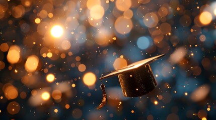 3D rendering of a blurred background with sparkling golden bokeh lights and a closeup of a graduation cap.