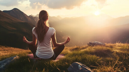 Sticker - Woman meditating outdoors at sunrise, sitting cross-legged on a grassy hilltop with mountains in the background.