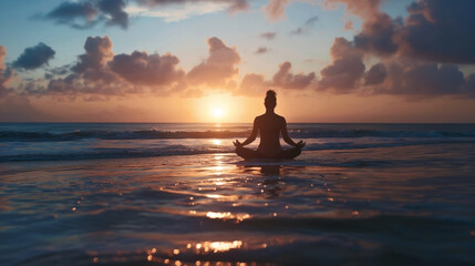 Wall Mural - Silhouette of a person meditating in the ocean at sunrise