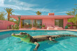 © Khawla - crocodile beside a swimming pool at a pink motel with desert and cactuses in the background, vintage color grading, visual noise