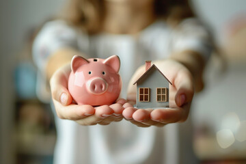 Woman holds in her hand minimalist 3D Piggy Bank, House, and Coins. Simplified Saving Money Background for Financial Plan, Property Investment.