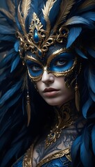 Wall Mural - Woman wearing a blue and gold carnival mask..