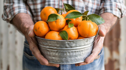 Wall Mural - Proud Farmer Showing Fresh Mandarin Oranges from Harvest in a Rustic Bucket Stock Photo