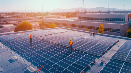 Sticker - Workers in safety gear install solar panels on a large commercial rooftop, with buildings and mountains in the background