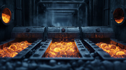 Poster - Industrial furnaces with glowing molten metal and hot metal balls being processed in a factory environment.