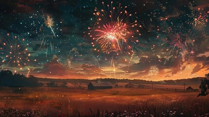 Sticker - Dazzling 4th of July Fireworks Brighten Rural Landscape