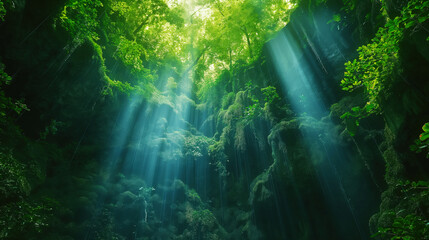 Poster - A breathtaking view of a lush, green forest with sunlight streaming through the trees, creating rays of light among the dense foliage.