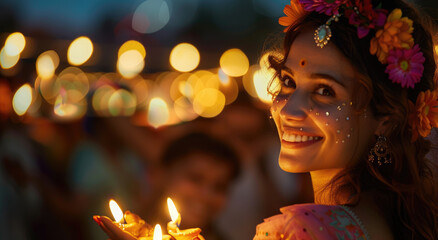 beautiful Indian women celebrating festival of lights with candles, smile on face, wearing flower garland around neck, blurred Navratri celebration background