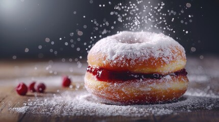 Canvas Print - Indulge in a classic German treat a Polish donut oozing with tangy raspberry jam and generously sprinkled with sweet icing sugar This delightful confection is a must have on Fat Thursday mar