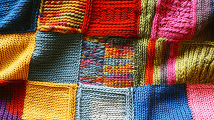 Wall Mural - Close-up of a colorful knitted patchwork blanket with various patterns and vibrant, contrasting yarn colors.