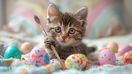 Wall Mural - A cute kitten holding a paintbrush and surrounded by Easter eggs