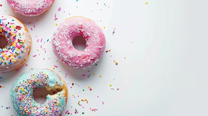 Wall Mural - It s Donut Day Check out these vibrant donuts with colorful sprinkles each with three playful bites taken out of them The delicious treats are set against a clean white backdrop leaving amp
