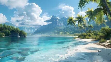 Wall Mural - A tropical island with palm trees and clear blue water, surrounded by mountains. This scene captures a serene atmosphere that makes for a perfect holiday spot or travel backdrop.