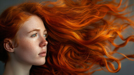 Wall Mural - Close-up of a girl's face with bright red hair. The concept of improving the appearance of hair, revealing femininity and attractiveness, and developing the hairdressing business.