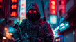 © Rajko - Military commando or assassin with glowing red eyes holding a weapon and carrying sword on back at night in a city