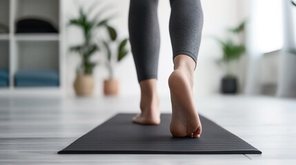 Sticker - Close-up of bare feet walking on a black yoga mat in a bright indoor room with plants and storage shelves in the background.