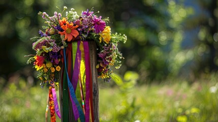 Sticker - In the summer backdrop vibrant ribbons adorn a wooden post holding a wreath of blossoms embodying the essence of the Midsummer holiday and the Summer Solstice This floral crown serves as a 