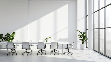 Wall Mural - Modern conference room with large windows, minimalistic design, white chairs, a long table, and green plants for decoration.