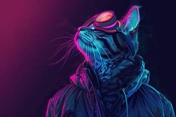 Canvas Print - A cat wearing goggles and a jacket is looking up at the camera