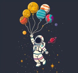 Wall Mural - A cartoon of a man in a spacesuit holding a bunch of balloons