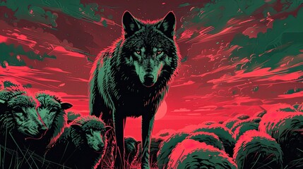 Wall Mural - A wolf addressing sheep with authority, in a trendy illustration style, featuring ultra-bright colors such as fluorescent green and neon red