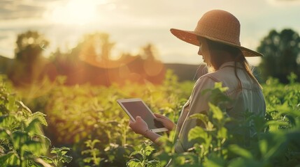 Person wearing a wide-brimmed hat holding a digital tablet in a lush green field,representing the of modern technology and agricultural practices.