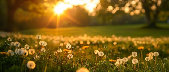 Wall Mural - Green summer meadow with vibrant dandelions, bathed in warm glow of setting