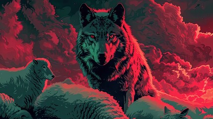 Wall Mural - A wolf addressing sheep with authority, in a trendy illustration style, featuring ultra-bright colors such as fluorescent green and neon red