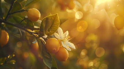 Close up photo of orange tree blossom and oranges , sunset, golden hour, macro photography