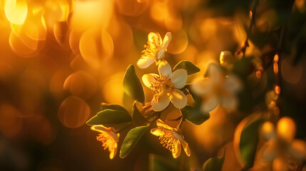 close up photo of orange tree blossom and oranges , sunset, golden hour, macro photography