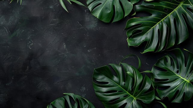 Monstera deliciosa background, green leaves on black wall, top view