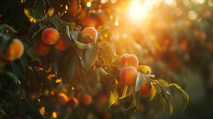 Wall Mural - A photo of peaches growing on the tree in an orchard at sunset