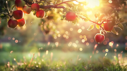 Wall Mural - A beautiful sunset in an apple orchard, with the sun casting warm hues over rows of red apples hanging from trees