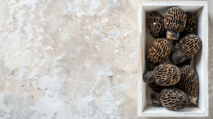 Wall Mural - Exquisite Black Morels Displayed in Market Box on Stone Background